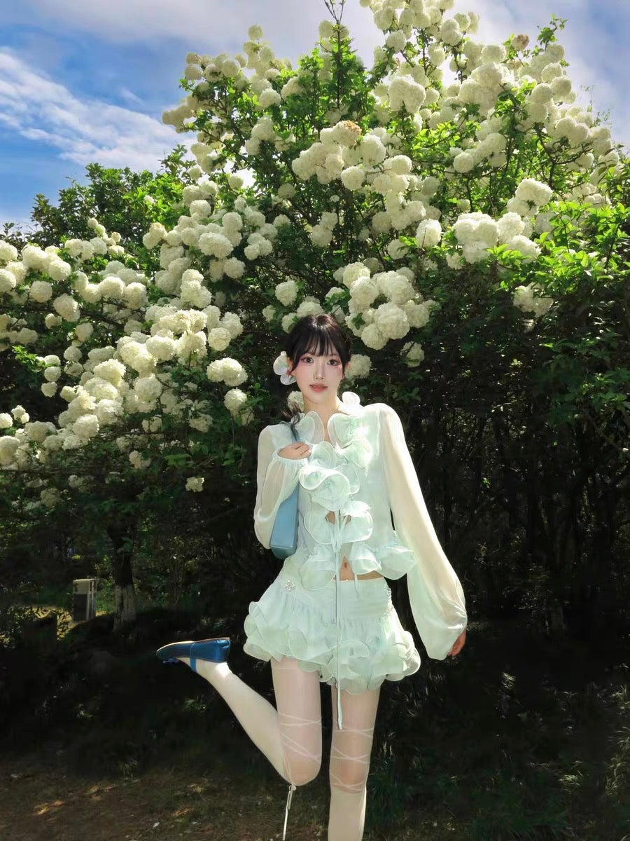 J TheChosen | Chiffon Ruffle Sheer Set (Cardigan+Skirt)