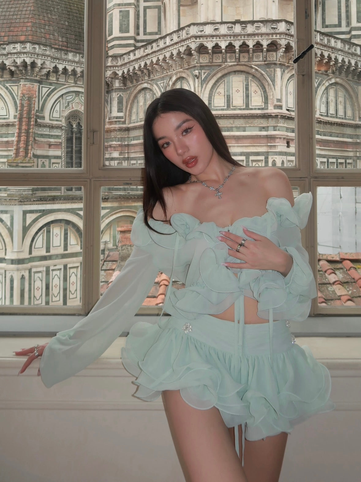 J TheChosen | Chiffon Ruffle Sheer Set (Cardigan+Skirt)