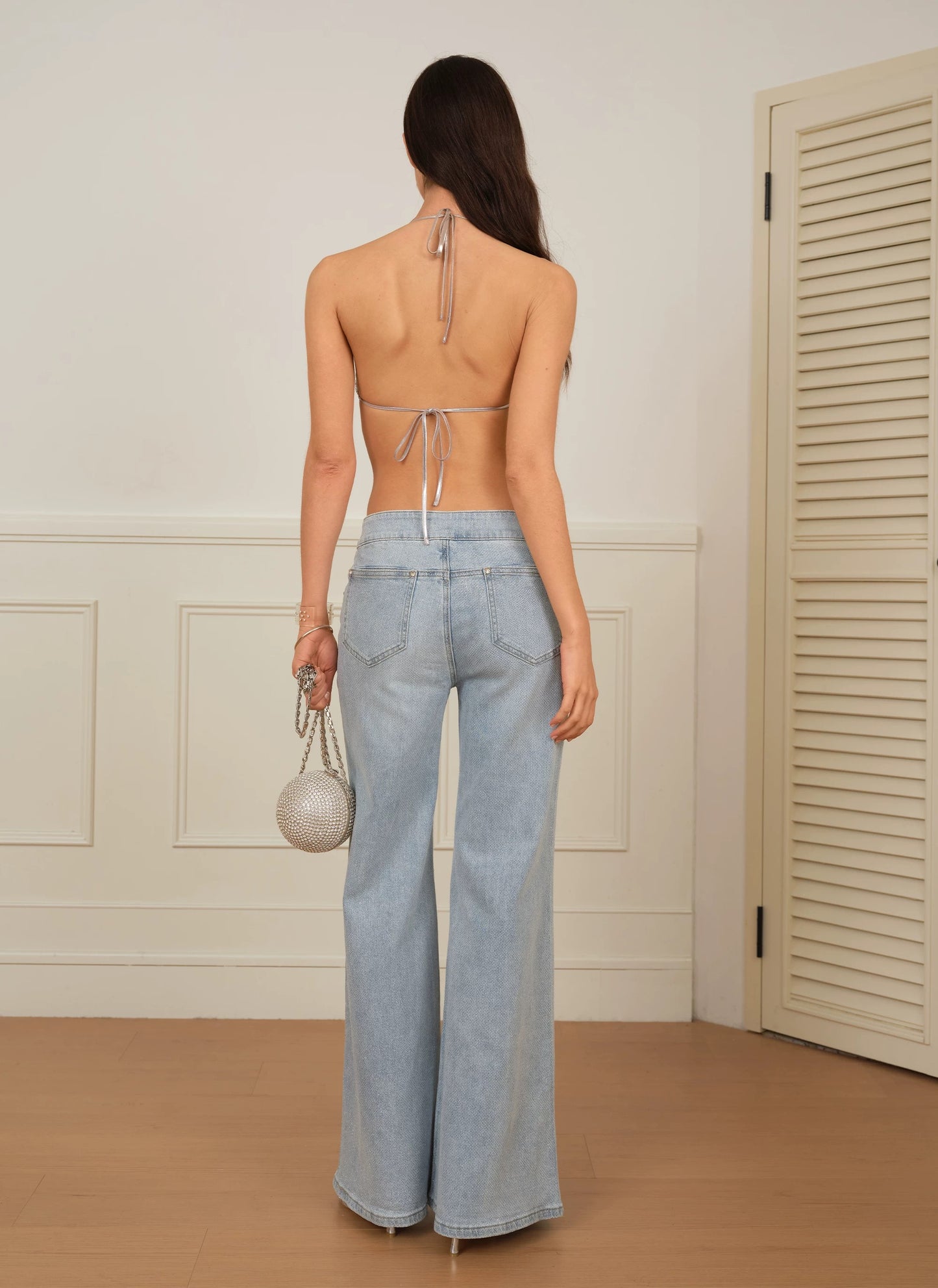 J TheChosen | Wide-Leg Jeans with Crystal Button and Silver Sparkles