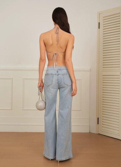 J TheChosen | Wide-Leg Jeans with Crystal Button and Silver Sparkles