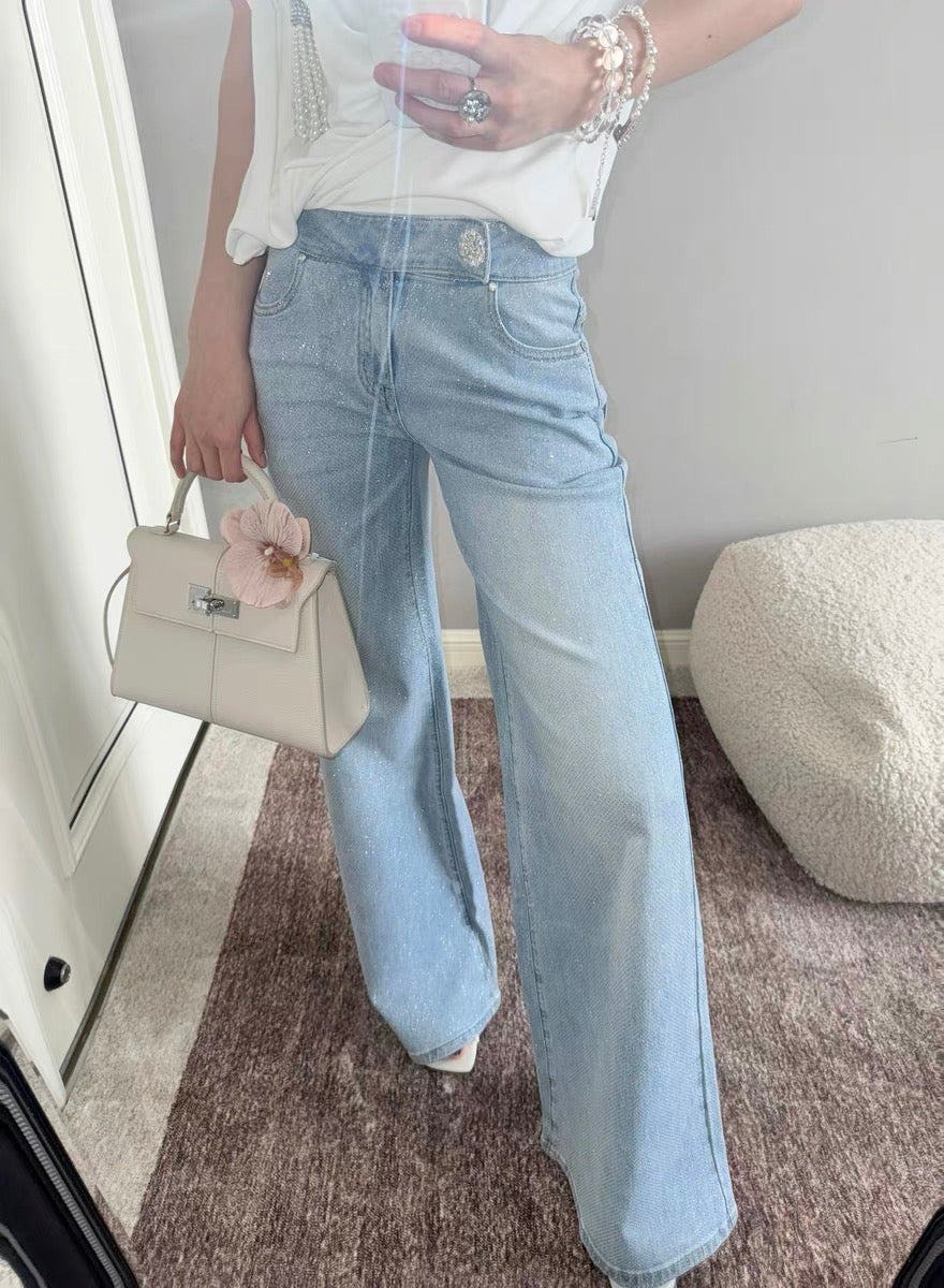J TheChosen | Wide-Leg Jeans with Crystal Button and Silver Sparkles