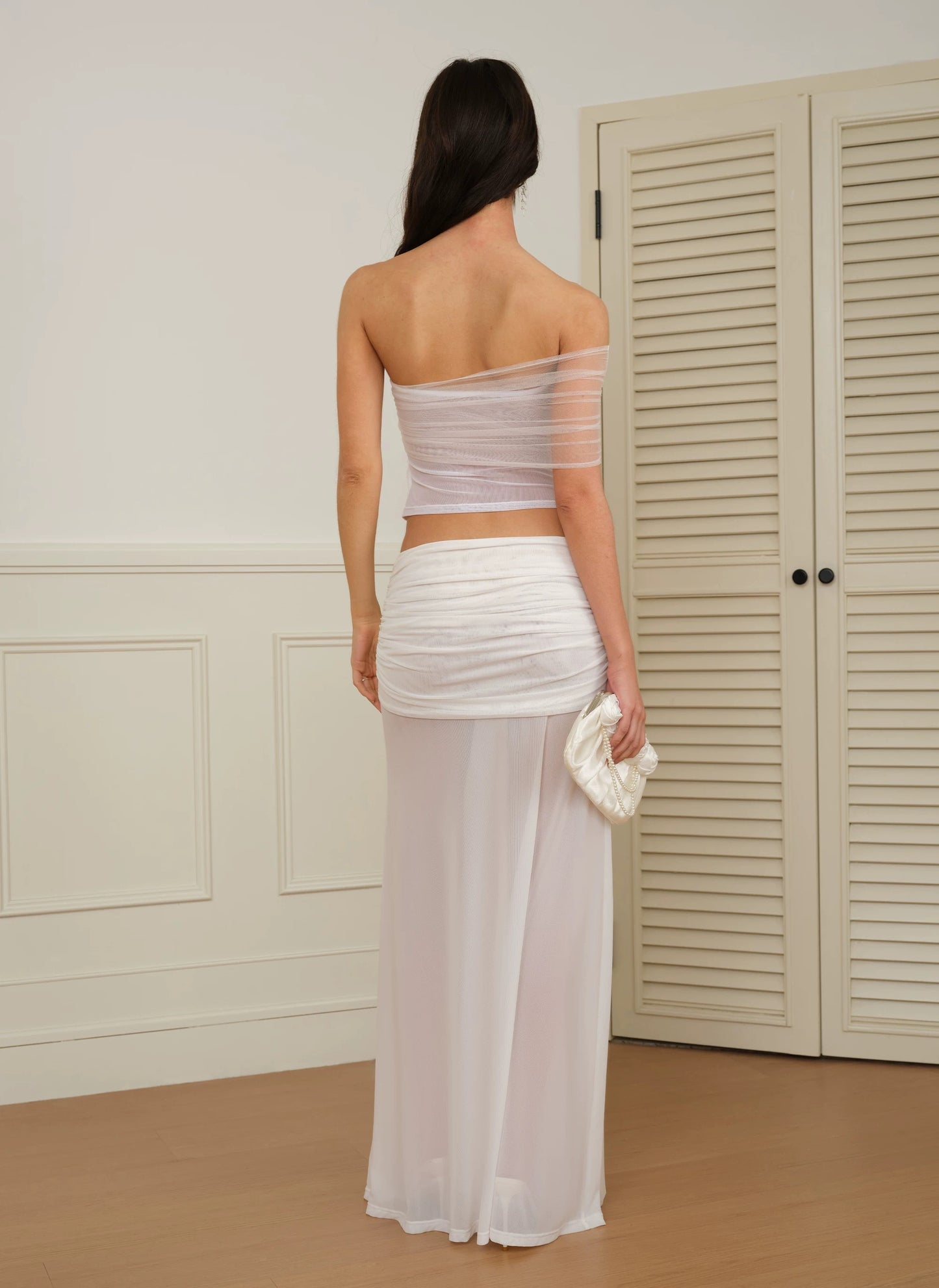 J TheChosen | Strapless Beaded Mesh Crop Top and Maxi Skirt Set