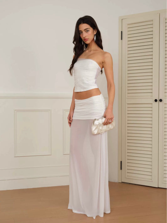 J TheChosen | Strapless Beaded Mesh Crop Top and Maxi Skirt Set
