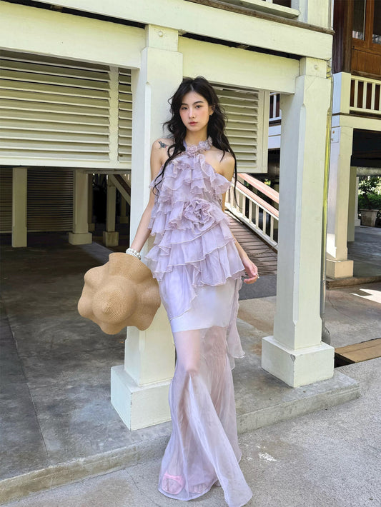 RunRunSweet | Asymmetric Mesh Rose Halter Two-Piece Mermaid Dress (2 Color)