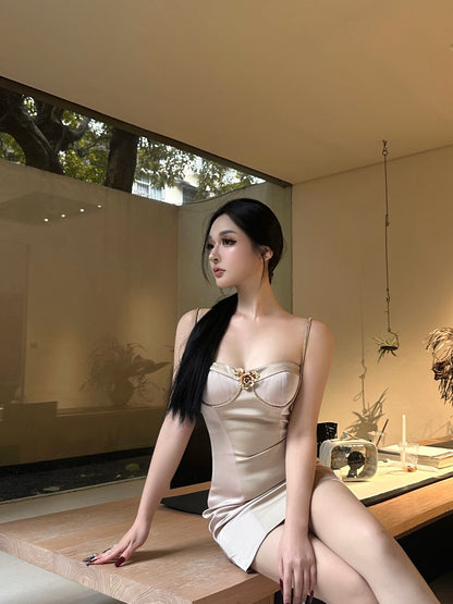 Artel Retro | Diamond Chain Spaghetti Strap Dress (Pink)