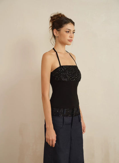J TheChosen | Two-Piece Knit Sequin Halter Top with Drape-Neck Long Sleeve Base