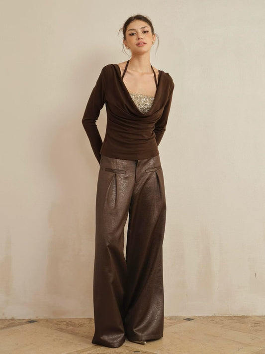 J TheChosen | Two-Piece Knit Sequin Halter Top with Drape-Neck Long Sleeve Base
