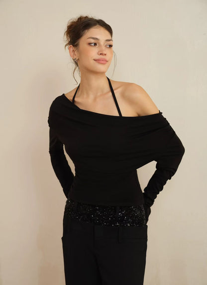 J TheChosen | Two-Piece Knit Sequin Halter Top with Drape-Neck Long Sleeve Base